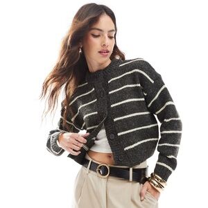 ASOS DESIGN crop crew neck cardigan in charcoal stripe.
